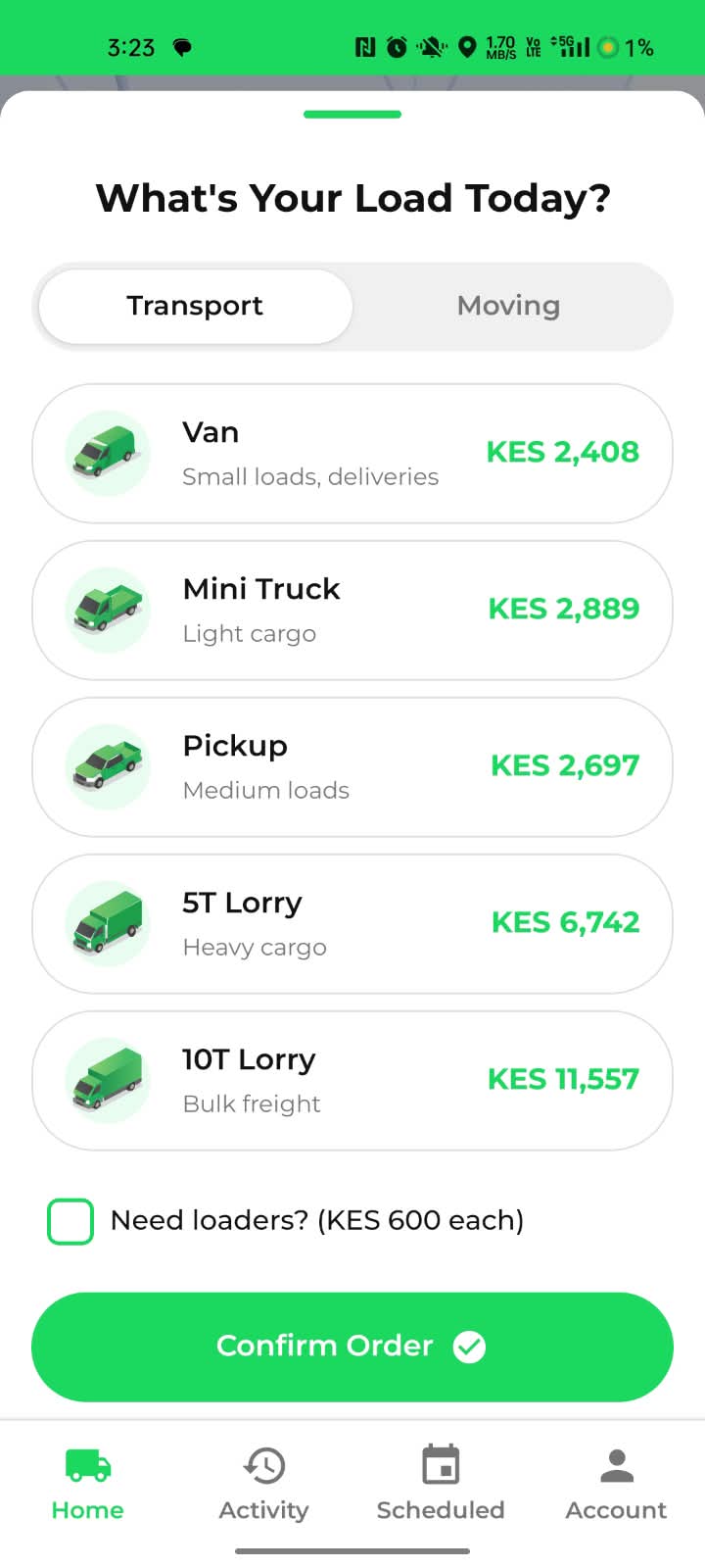 Swyft app step 2: Pick a vehicle, see the price