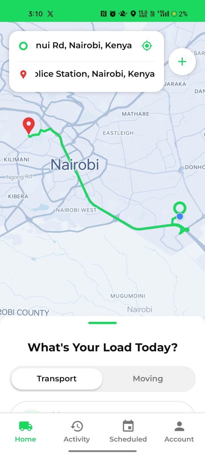 The Swyft app showing a booked route across Nairobi